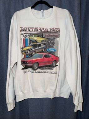Ford Mustang Graphic Crewneck Sweatshirt - White with Red, Yellow, Gray Cars